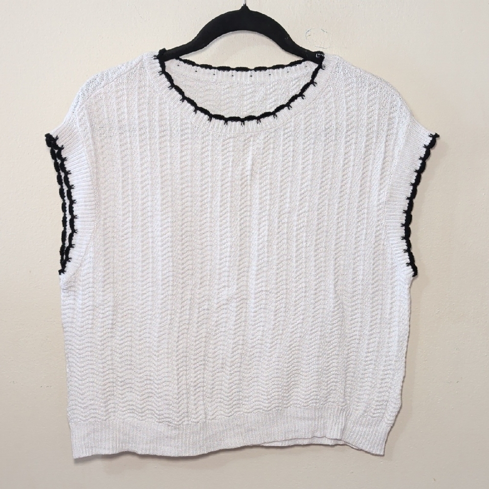 White Knit Sweater Tank with Black Trim Cotton Blend Coquette Women's Size S